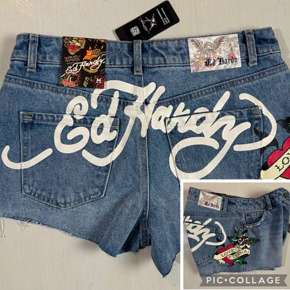 Don Ed Hardy Women M “Love Etern” Painted Heart Design Denim Cut Off Shorts NEW
